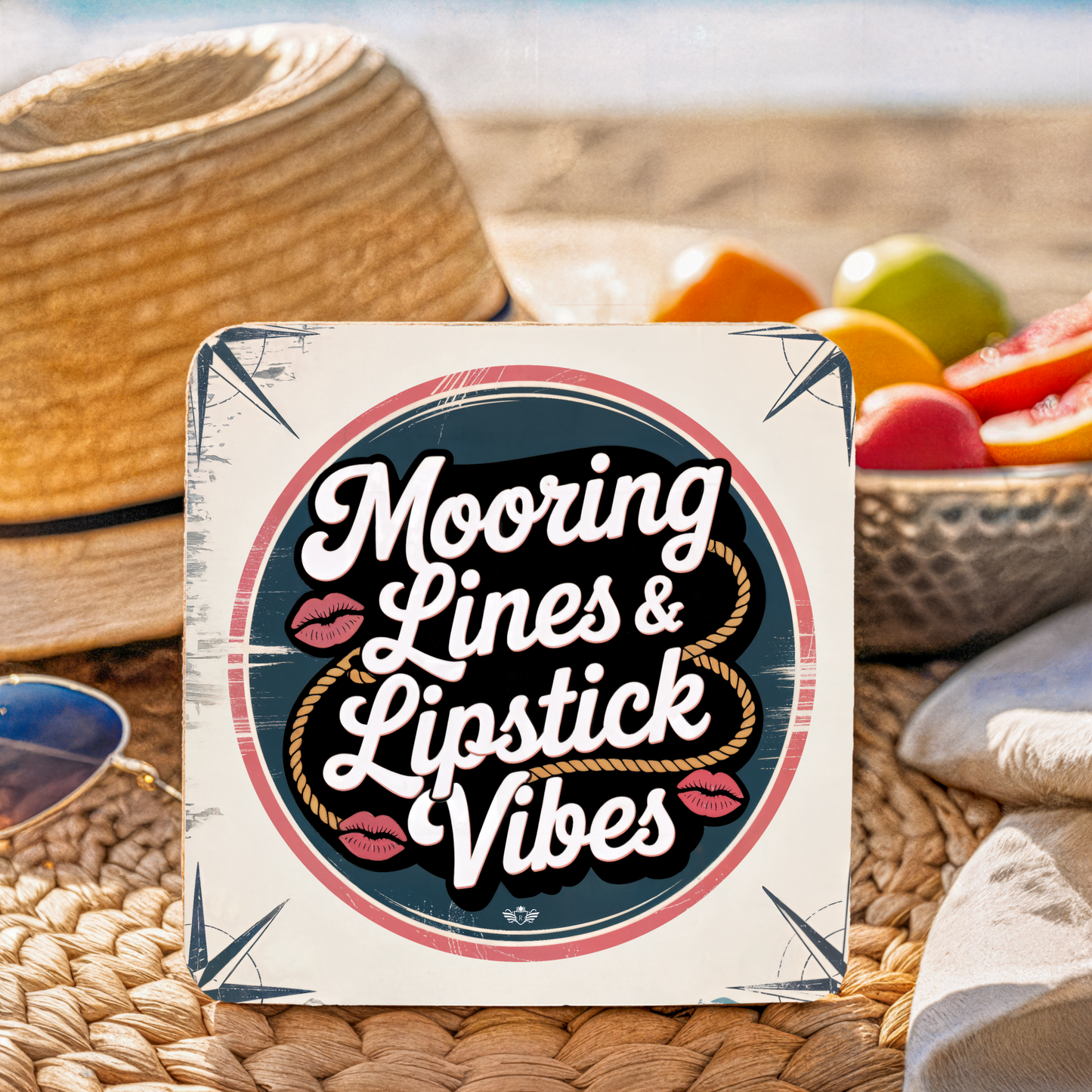 Coaster with "Mooring Lines & Lipstick Vibes" text on a woven surface with fruit in the background