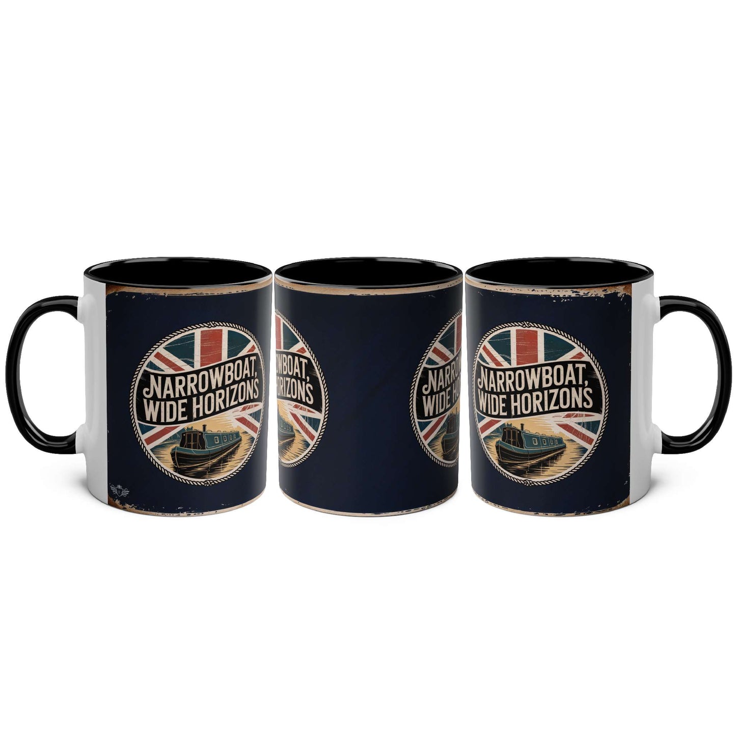 Three mugs with "Narrowboat Wide Horizons" design featuring a boat and Union Jack on a white background.