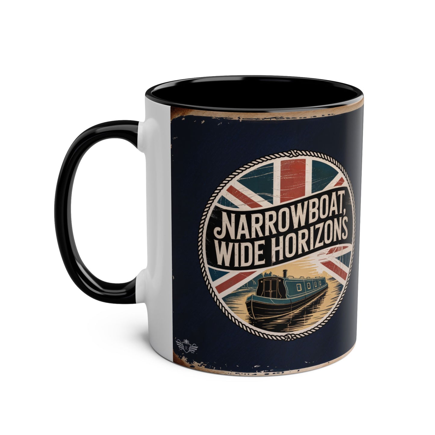 Mug with "Narrowboat, Wide Horizons" design featuring a boat and British flag on a white background