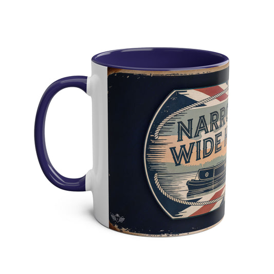 Mug with narrowboat design on a white background