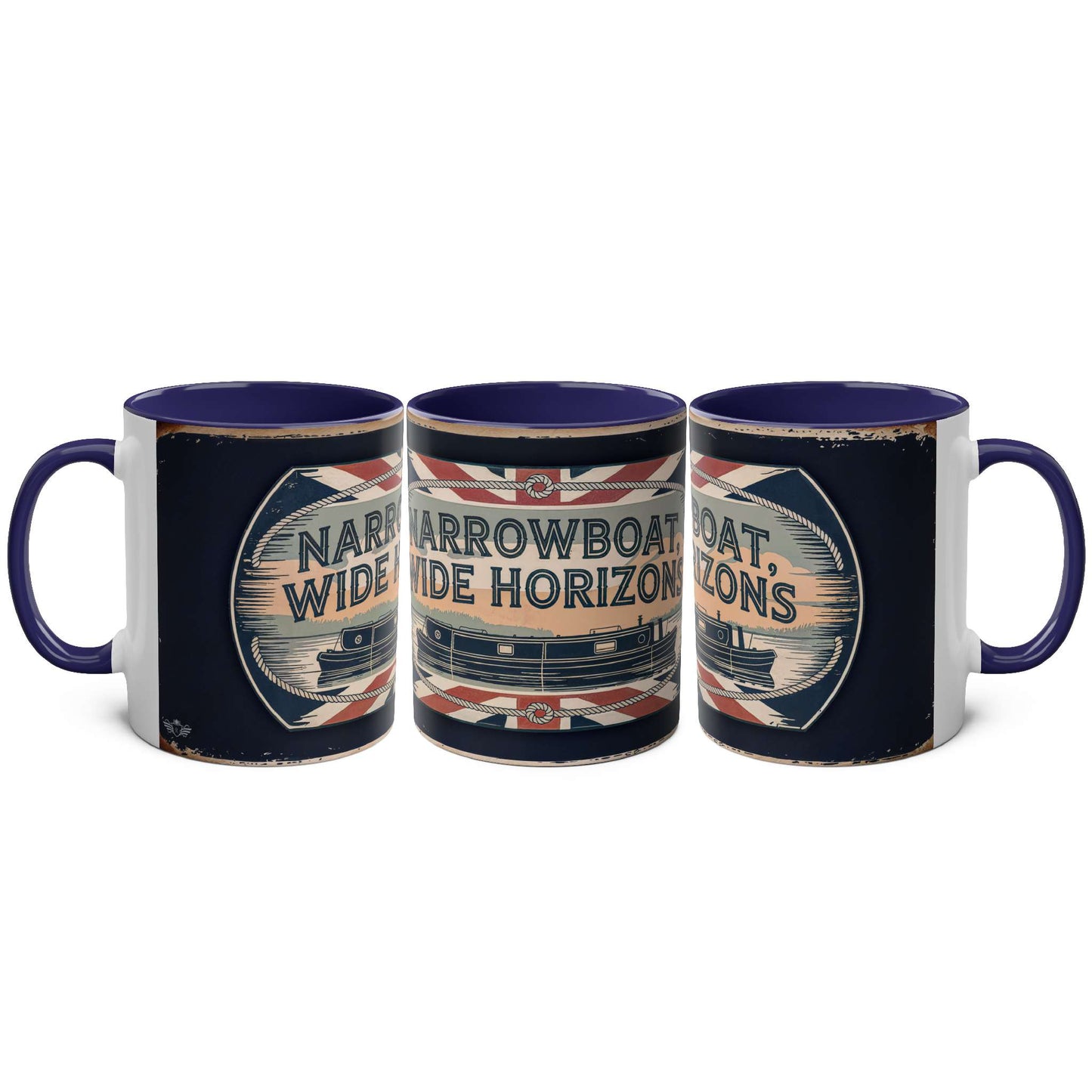 Three mugs with a design featuring text and a boat illustration on a white background