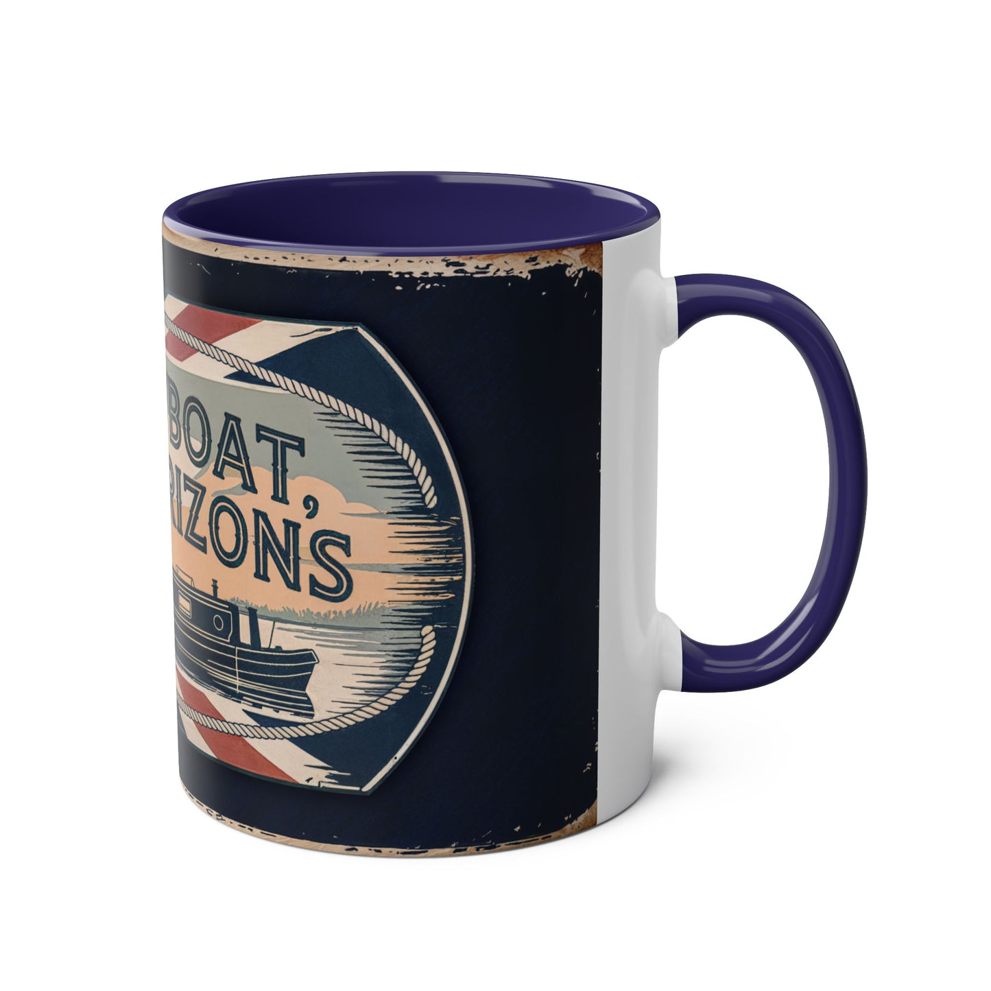 Mug with narrowboat design on a white background