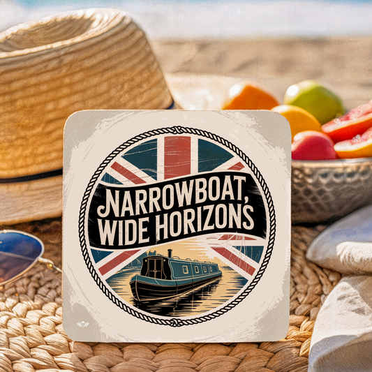 Coaster with "Narrowboat, Wide Horizons" design featuring a Union Jack and boat illustration on a woven surface.