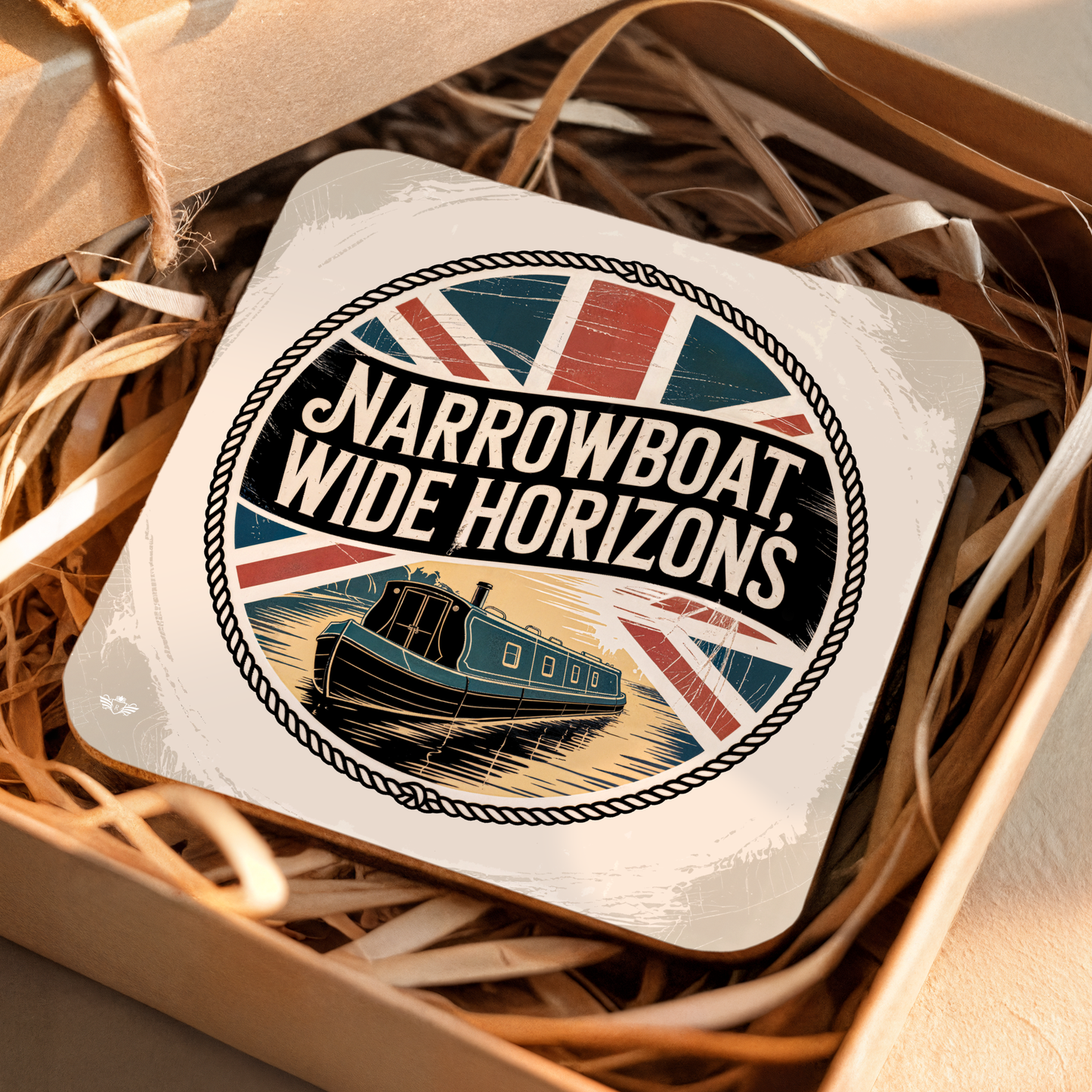Coaster with "Narrowboat, Wide Horizons" design on a woven surface