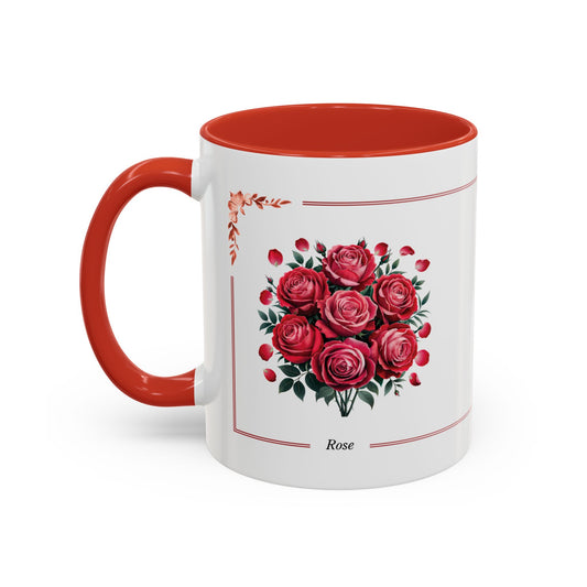 White mug with red interior and handle, featuring a design of red roses on a white background.