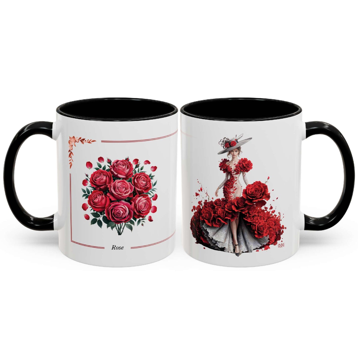 Two mugs with floral designs on a white background