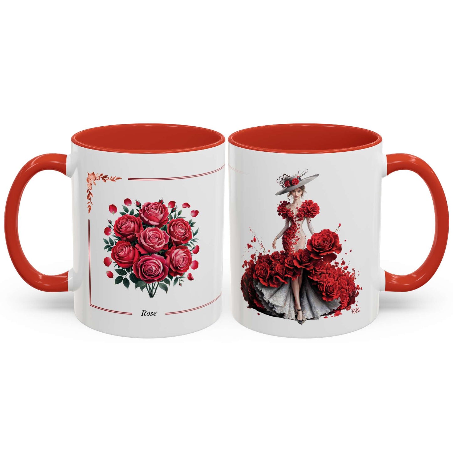Two mugs with red interior and handle, one featuring a bouquet of roses and the other with a woman in a floral dress.