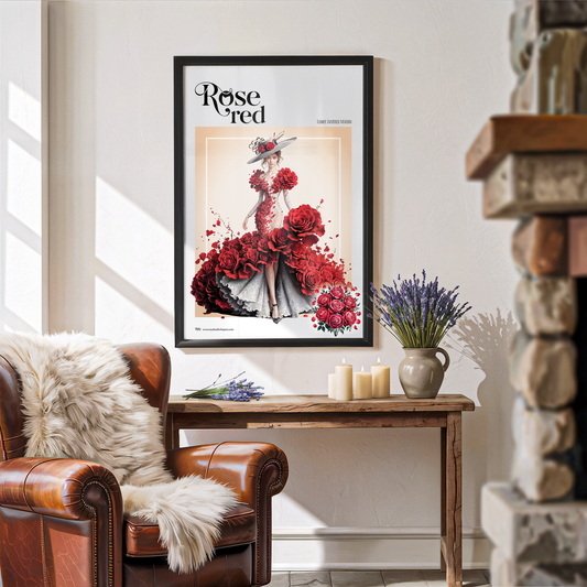 Framed artwork of a woman with red flower dress in a living room setting.