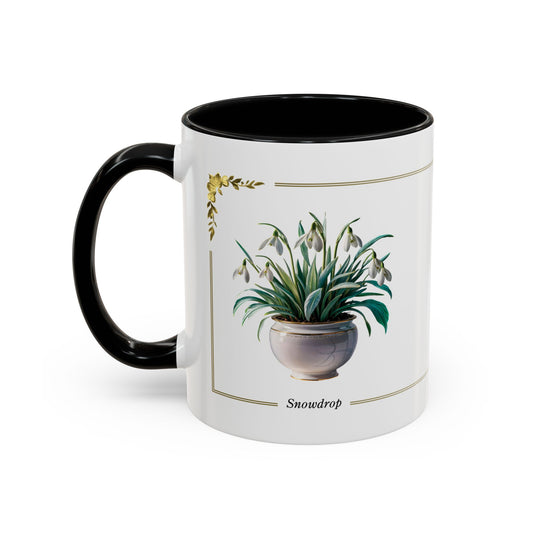 Mug with black handle featuring a plant illustration and the word "Snowdrop" on a white background