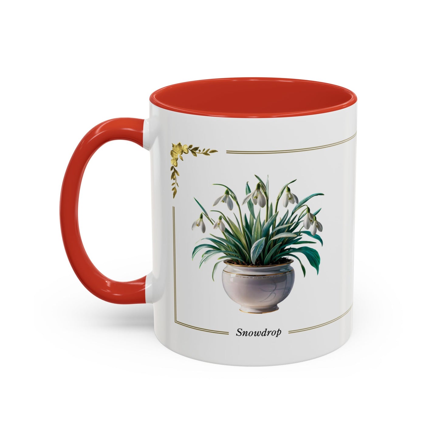Mug with red interior and handle, featuring a plant illustration on a white background