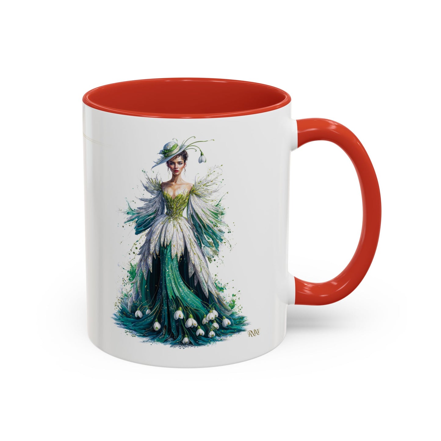 Mug with a design of a woman in a green dress and hat on a white background
