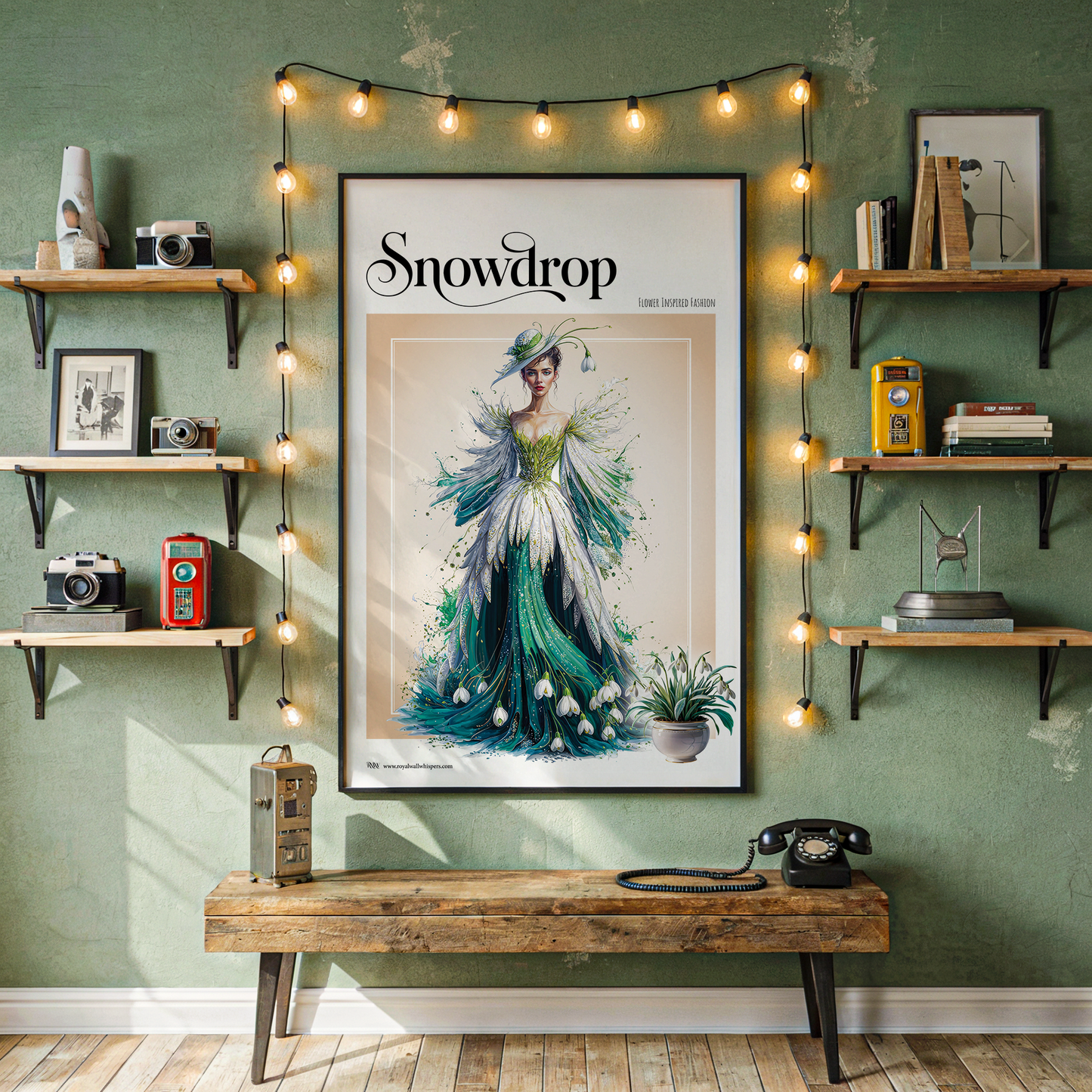 Poster of a woman in a green dress on a wall with string lights and shelves.