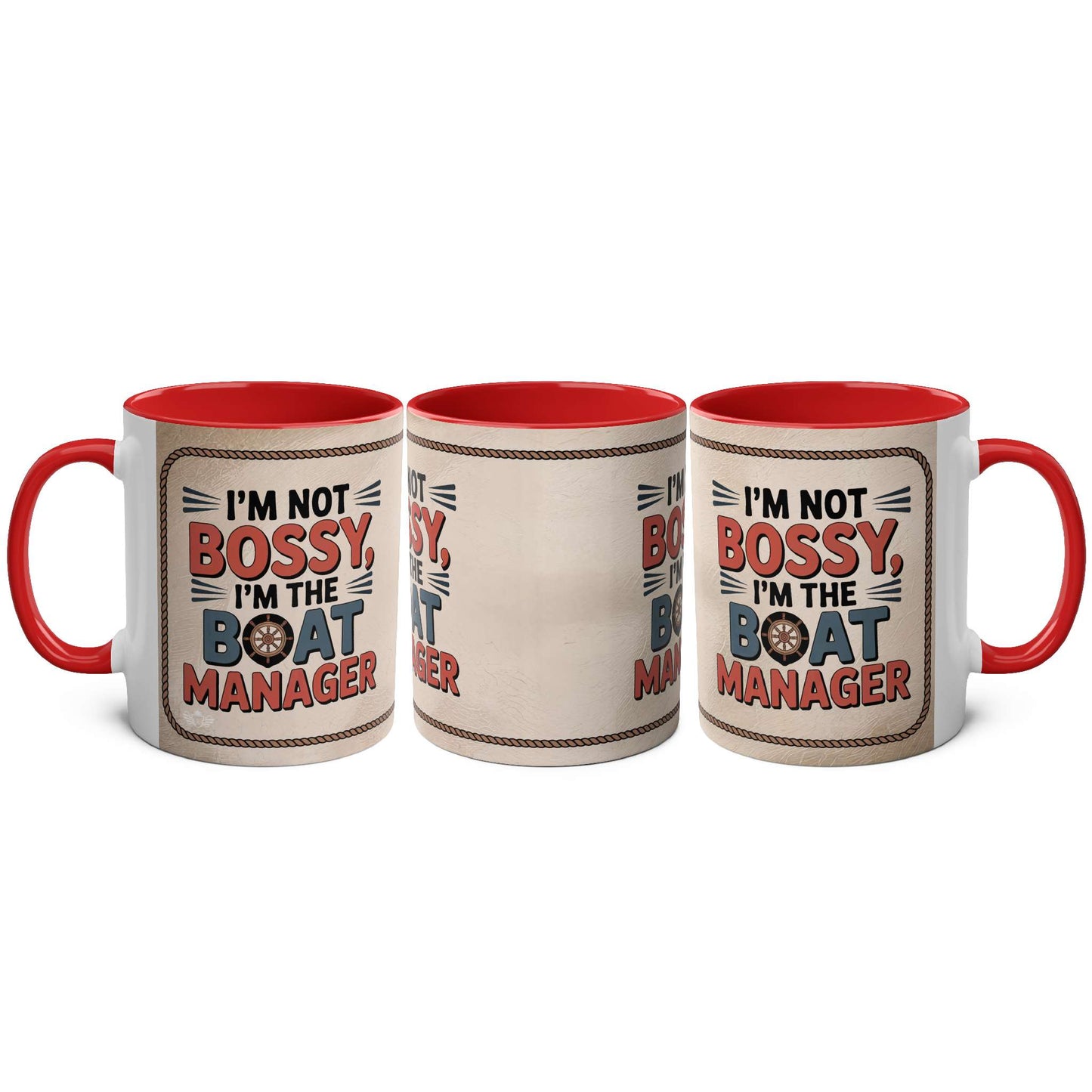 Three mugs with a humorous design and text on a beige background