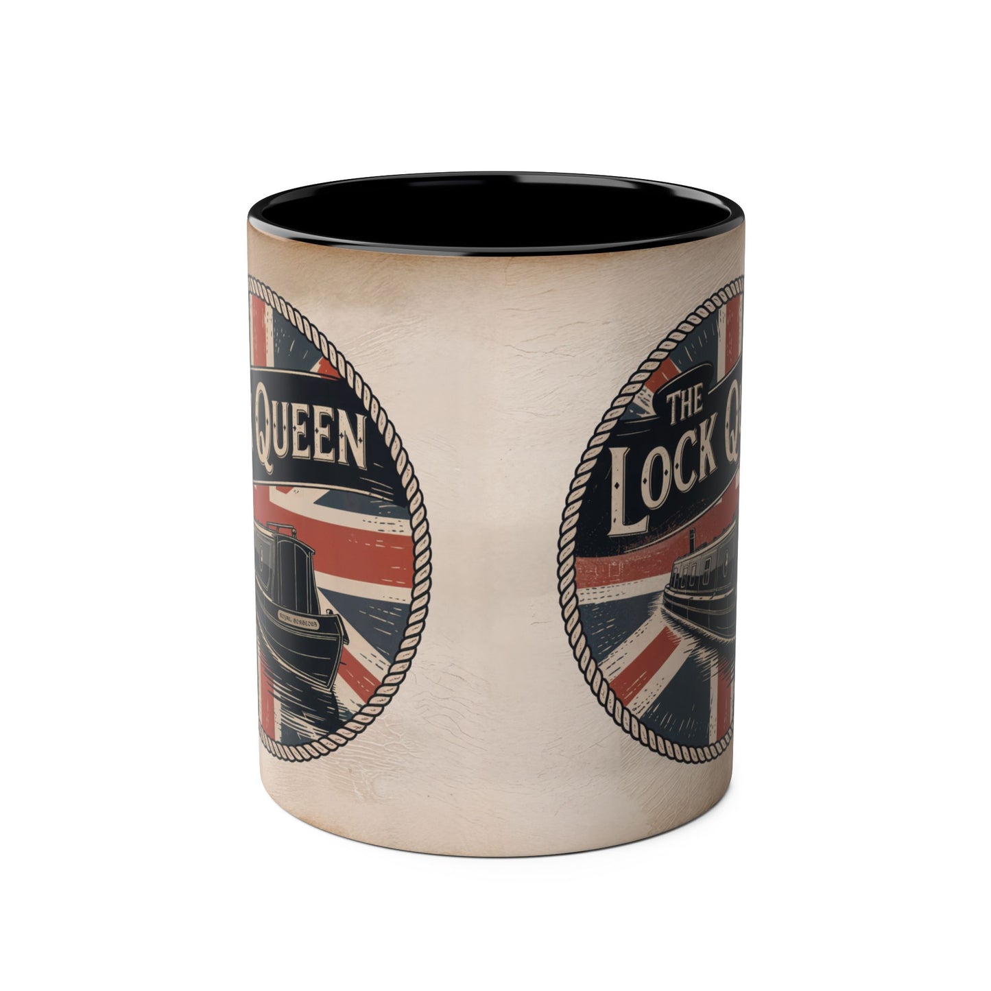 Mug with Union Jack boat design and "The Lock Queen" text on a white background