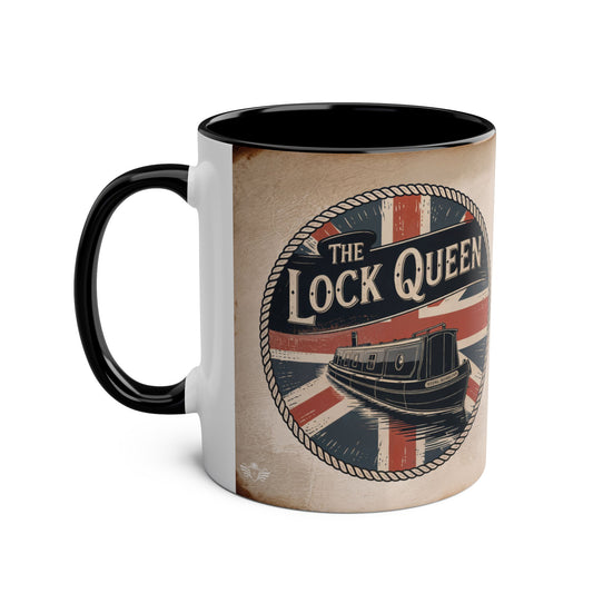 Mug with "The Lock Queen" design featuring a boat and British flag on a white background