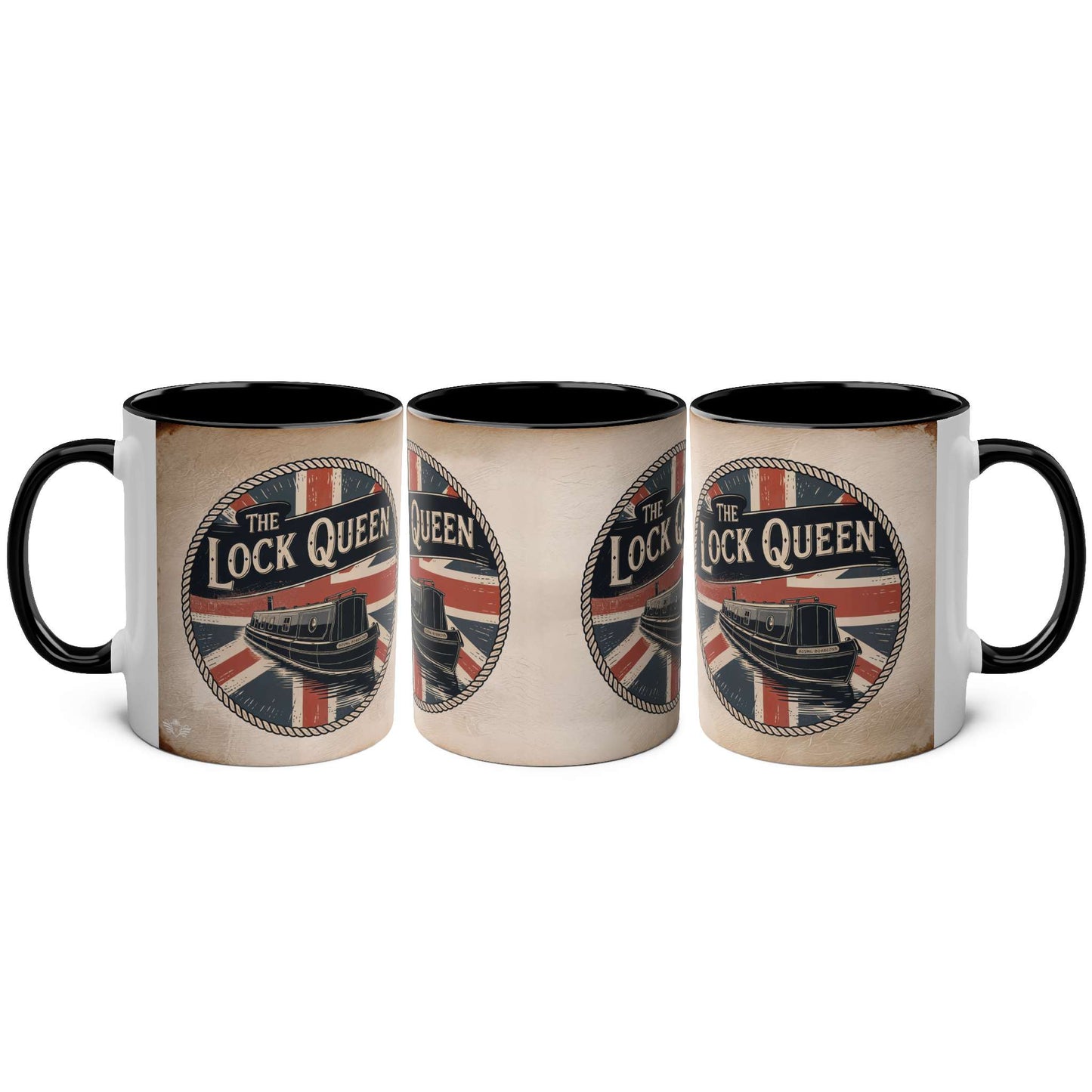 Three mugs with "The Lock Queen" design featuring aboat on a white background
