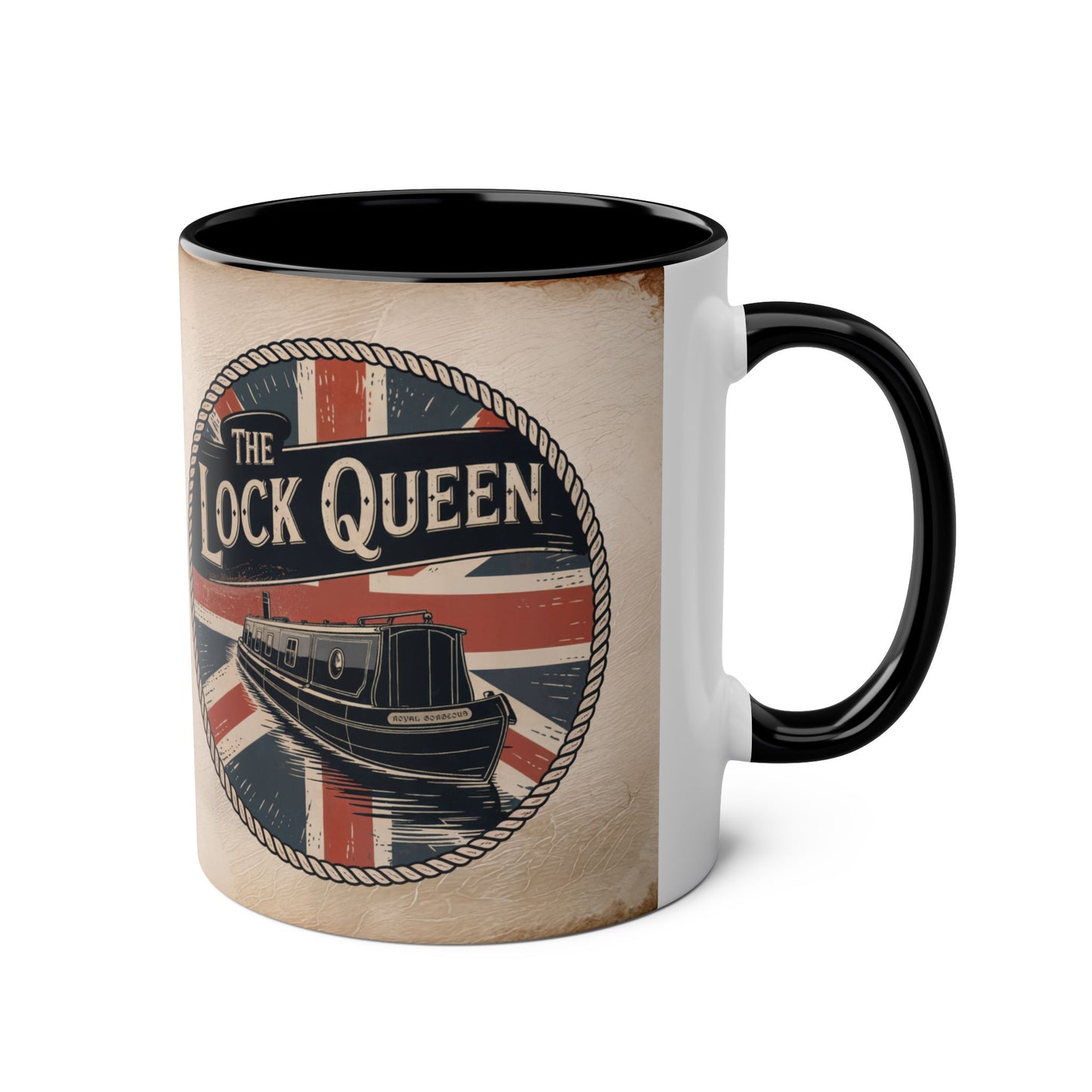 Mug with "The Lock Queen" design featuring a boat and British flag on a beige background.