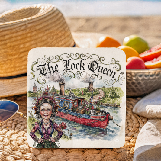Coaster with illustration of a woman and boat titled "The Lock Queen" on a woven surface with fruit in the background.