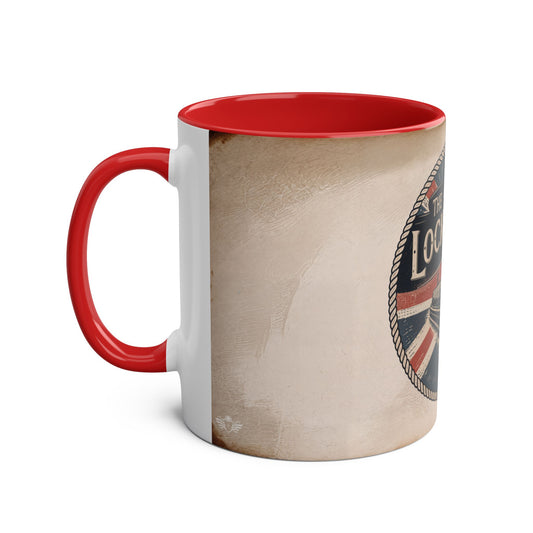 Mug with red interior and handle, beige exterior with a boat, on a white background