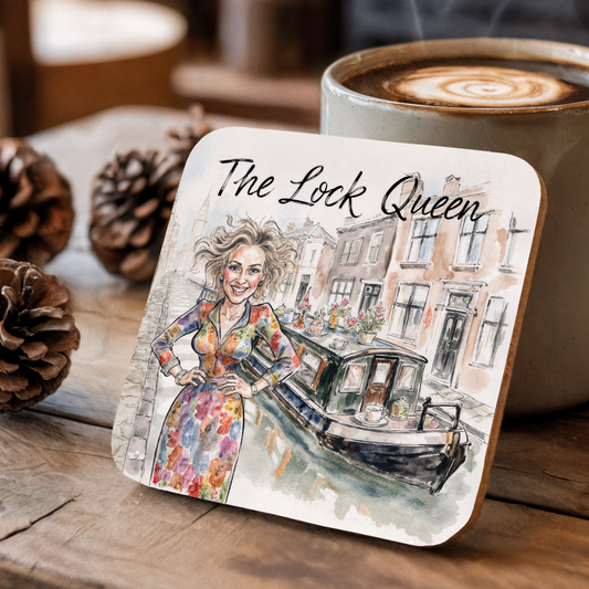 Coaster with illustration of a woman and canal boat, labeled "The Lock Queen", next to a cup of coffee.
