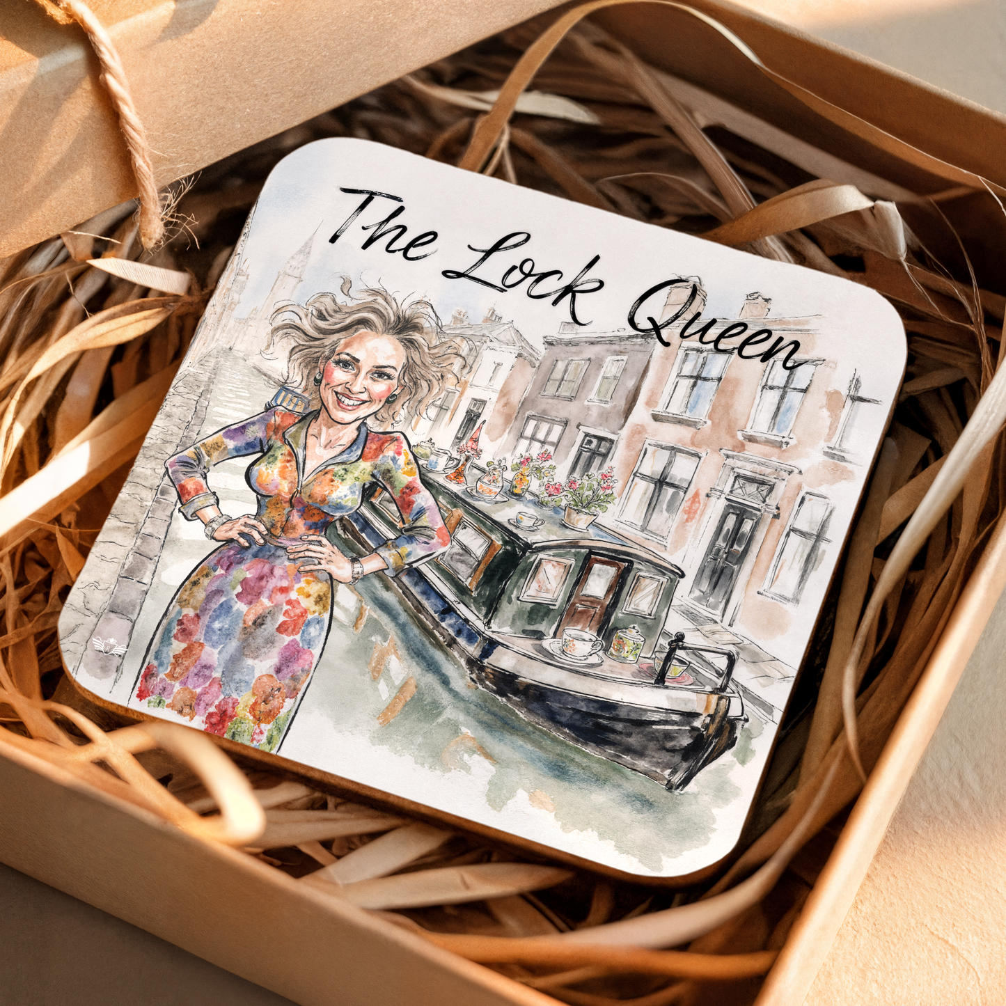 Coaster with illustration of a woman and text "The Lock Queen" on a woven surface