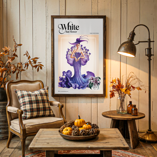 Framed artwork of a woman in a purple dress with flowers in a rustic living room.