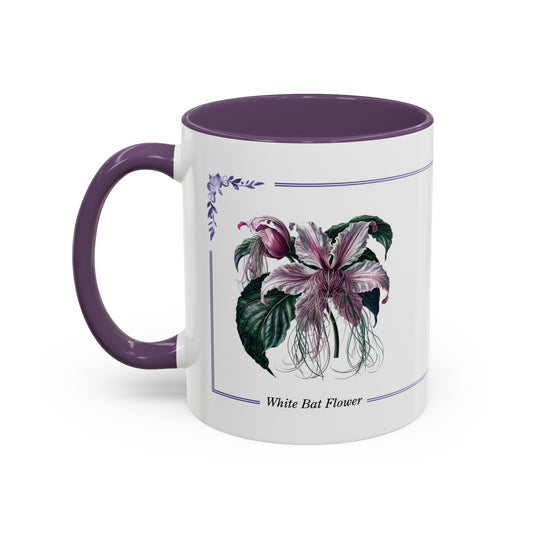 Mug with purple interior and handle, featuring a white bat flower design on a white background