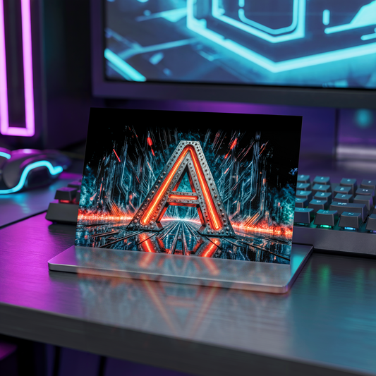 Poster with a futuristic cyberpunk letter A design on a desk with neon lights