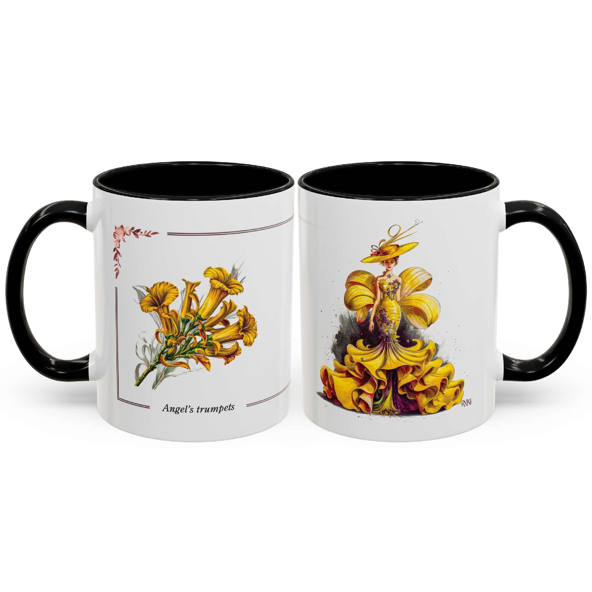 Two mugs with floral designs on a white background