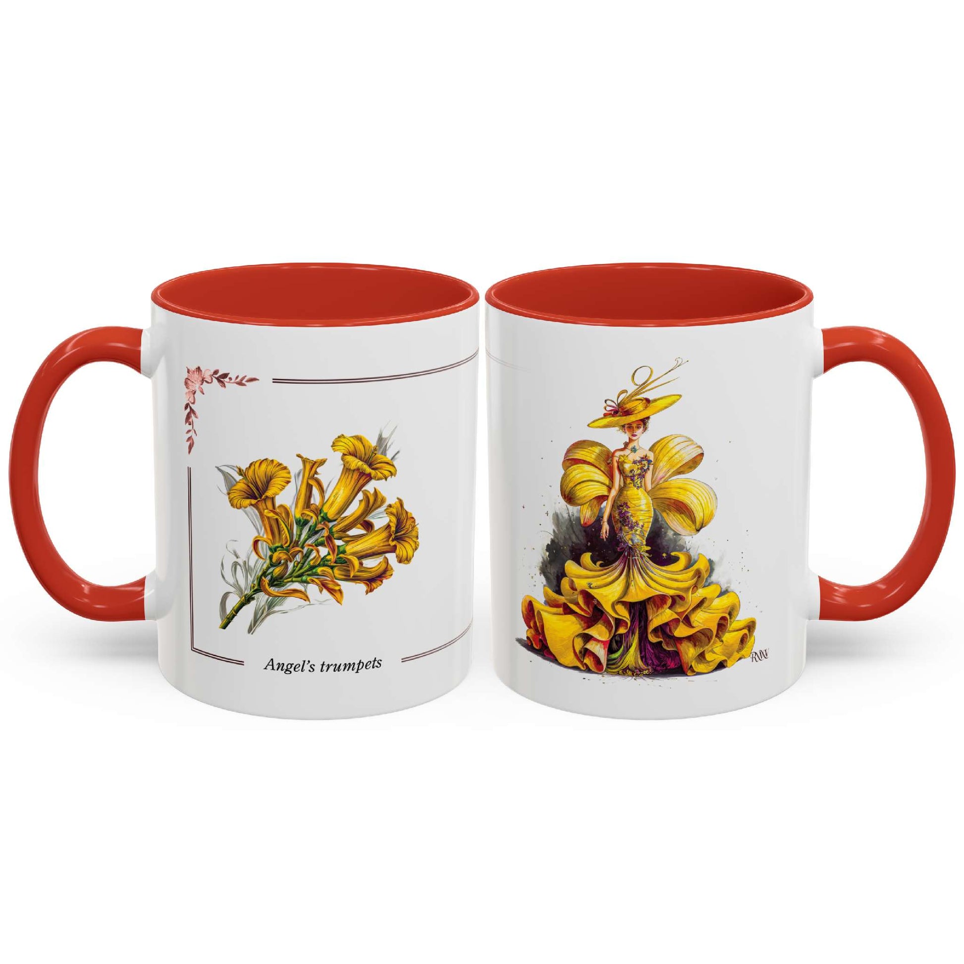 Two mugs with red interior and handle, featuring illustrations of flowers on a white background.