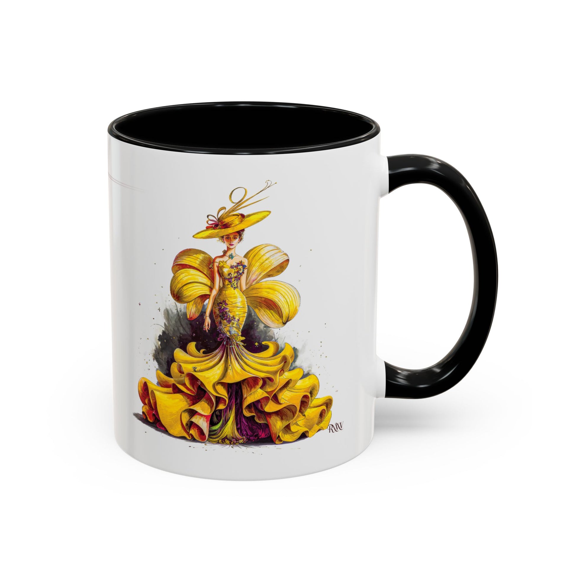 Mug with a colorful design of a woman in a yellow dress and hat on a white background
