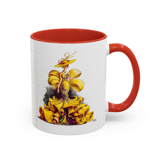 Mug with a colorful design of a woman in a yellow dress and hat on a white background.