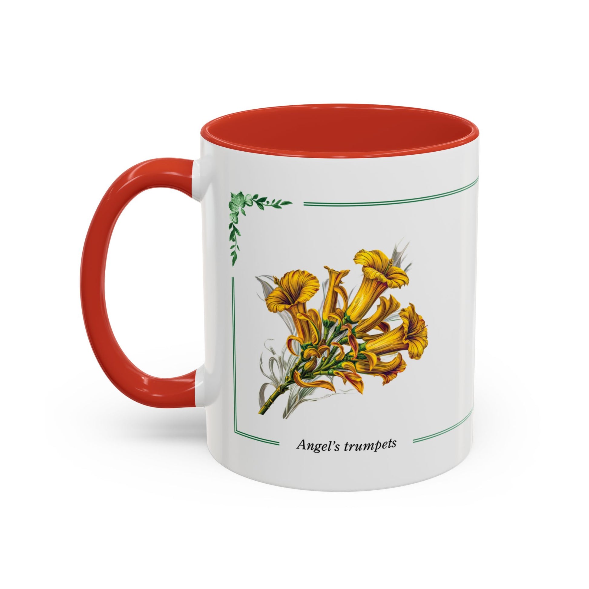 Mug with red interior and handle, featuring a botanical illustration of "Angel's trumpets| on a white background.