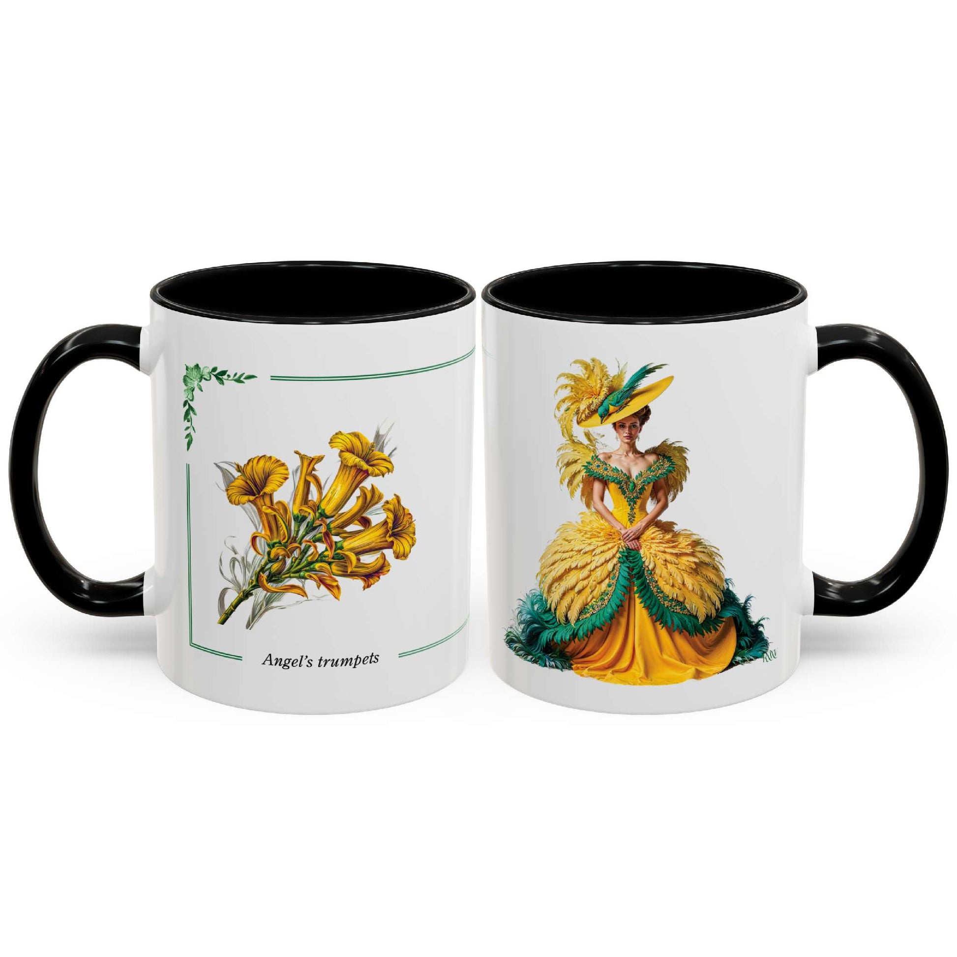 Two mugs with botanical and vintage-style fashion design on a white background