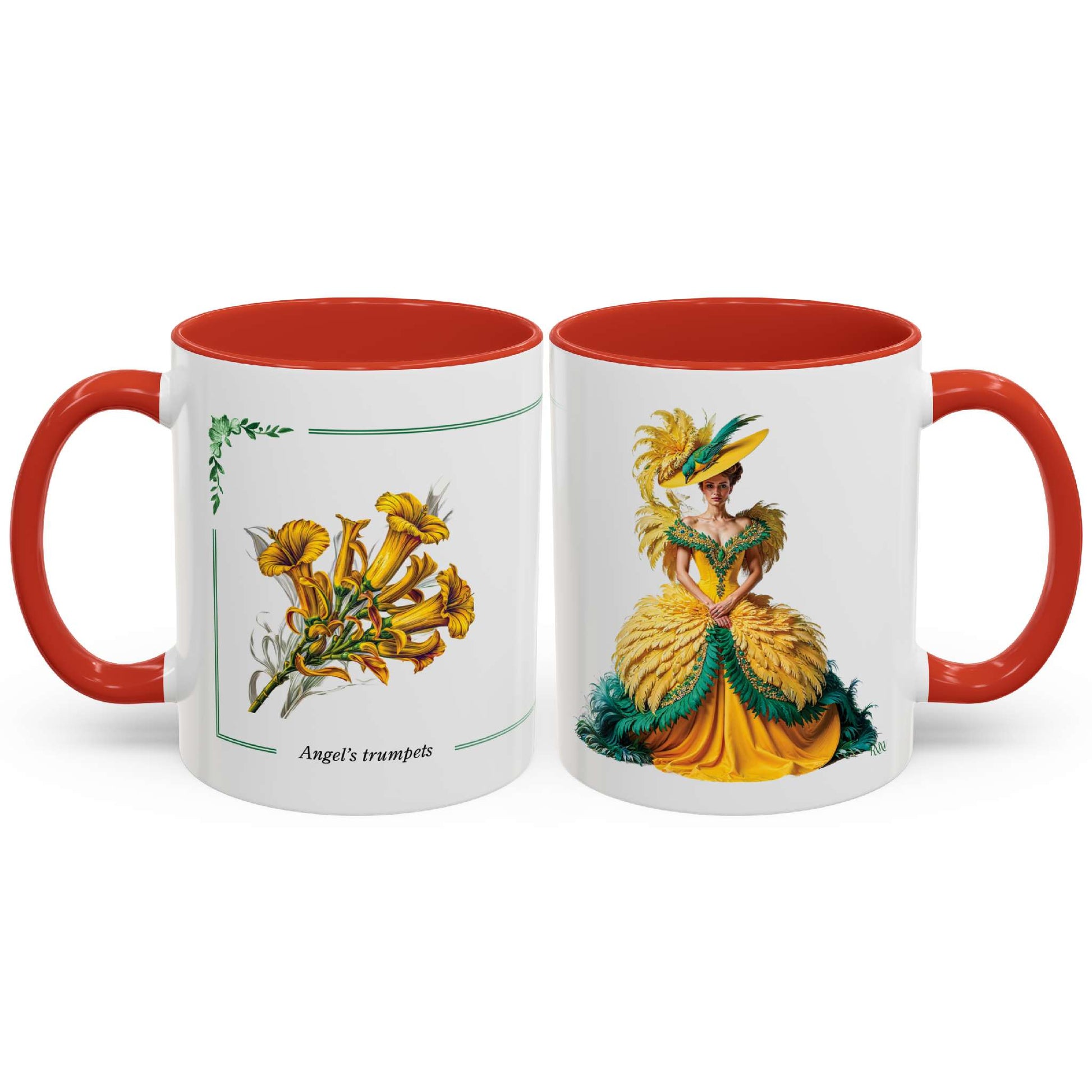 Two mugs with floral and dress designs on a white background