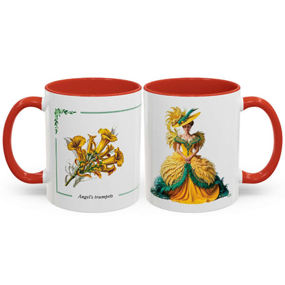 Two mugs with floral and dress designs on a white background