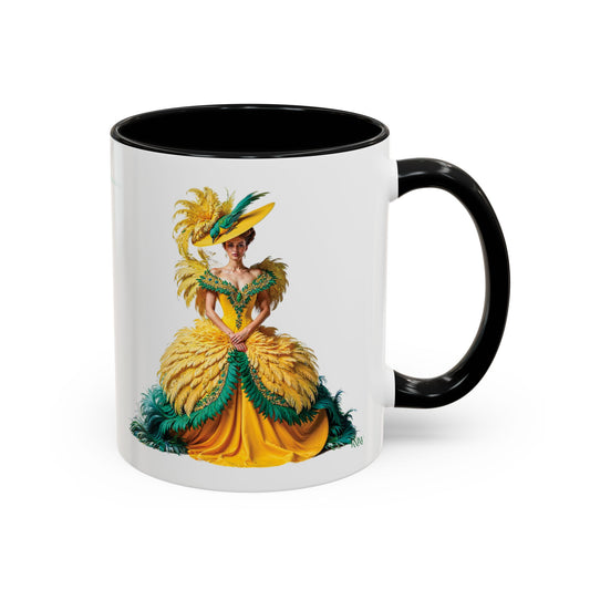 Mug with a design of a woman in a yellow and green dress on a white background