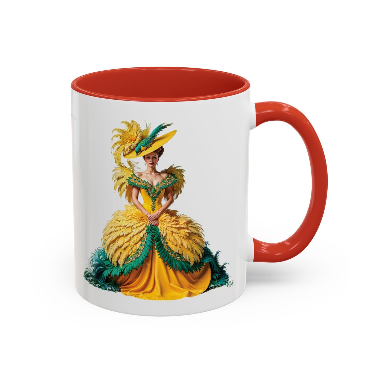 Mug with a design of a woman in a yellow dress and green hat on a white background