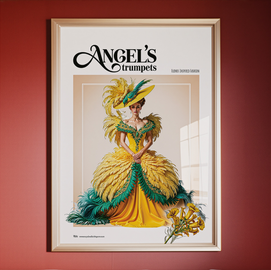 Framed fashion illustration of a woman in a yellow dress with feathers against a red wall.