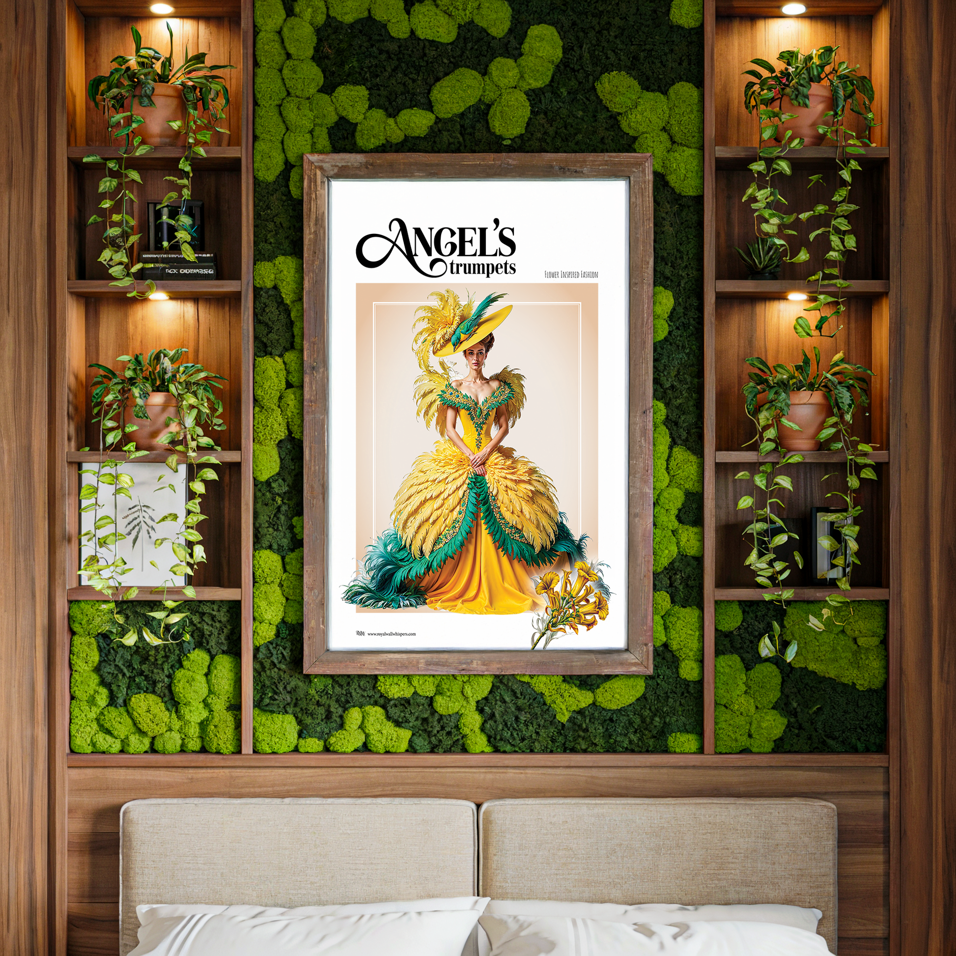 Framed artwork of a woman in a yellow dress on a wall with green foliage and wooden shelves.