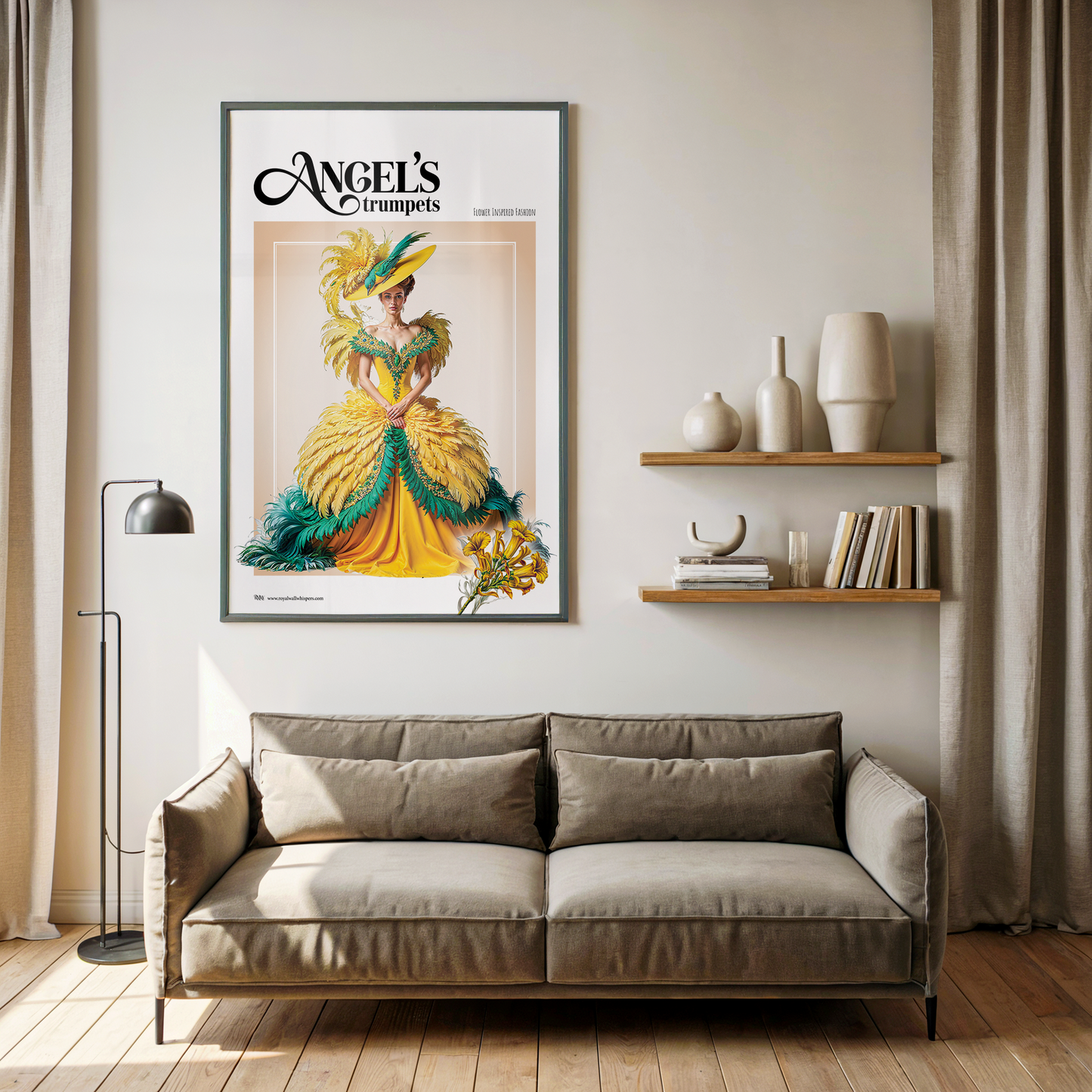 Framed poster of a woman in a yellow dress above a beige sofa in a living room.