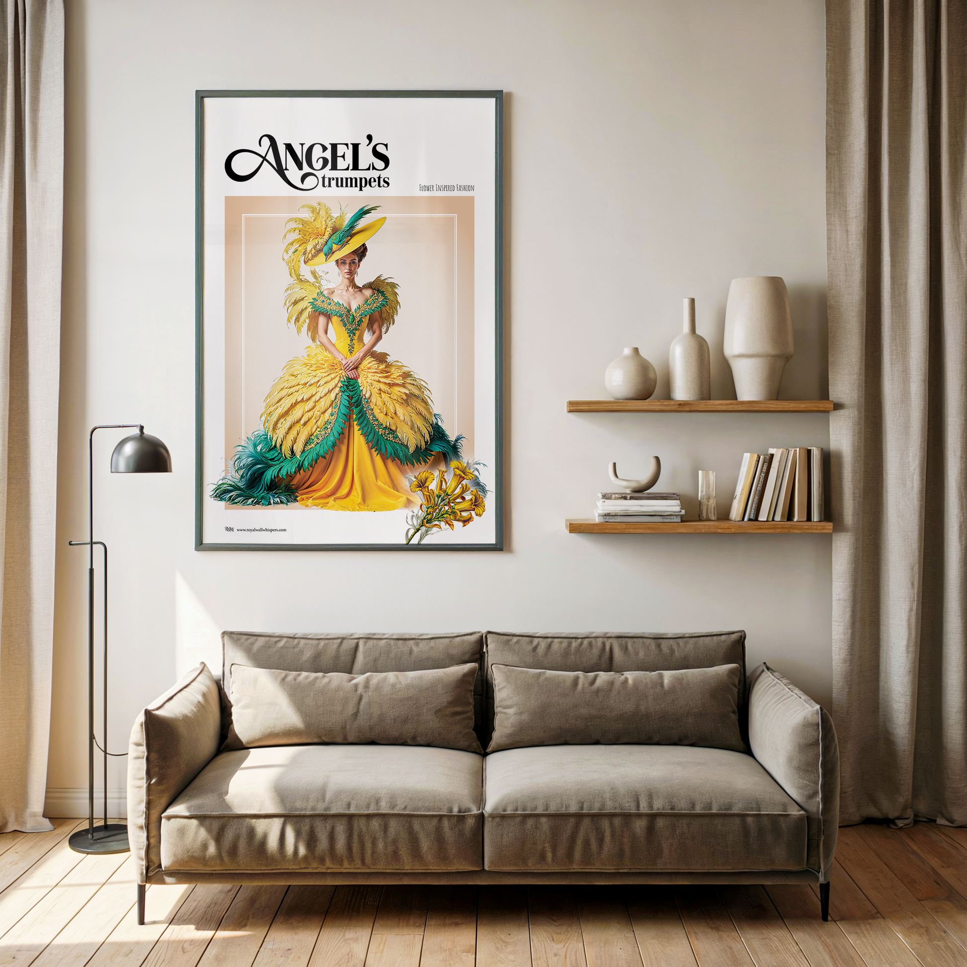 Framed poster of a woman in a yellow dress above a beige sofa in a living room.