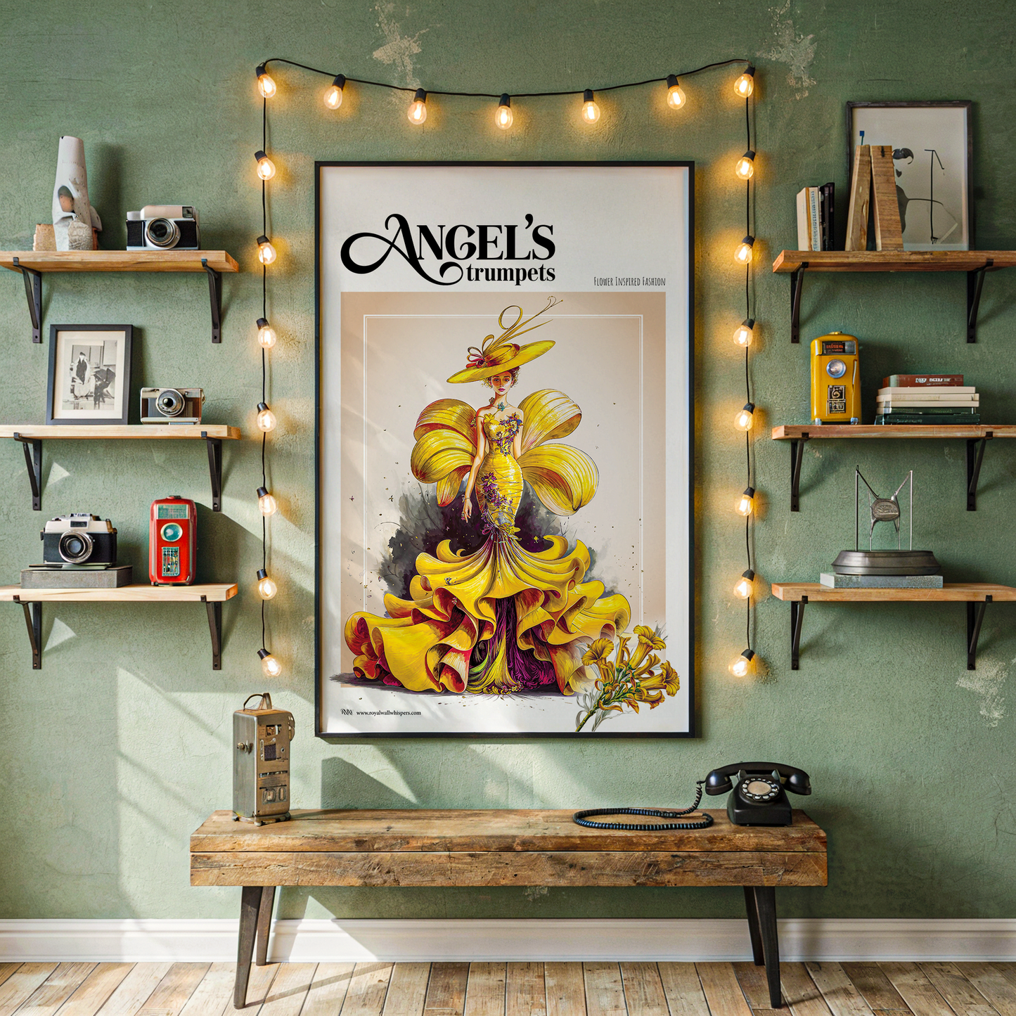 Decorative wall with 'Angel's Trumpets' poster, string lights, and shelves with vintage items.