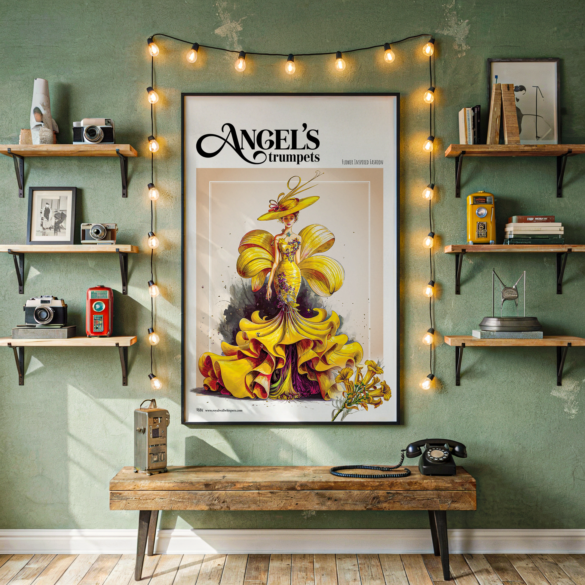 Decorative wall with 'Angel's Trumpets' poster, string lights, and shelves with vintage items.