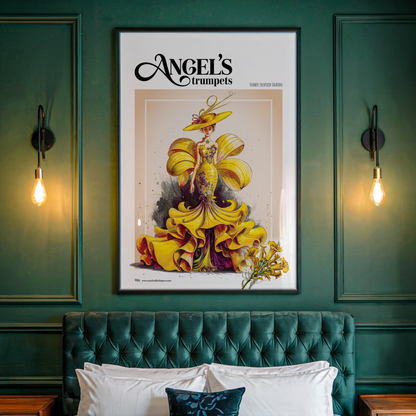 Framed artwork of a woman in a yellow dress on a green wall above a green sofa.
