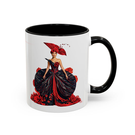 Mug with a design of a woman in a red and black gown on a white background
