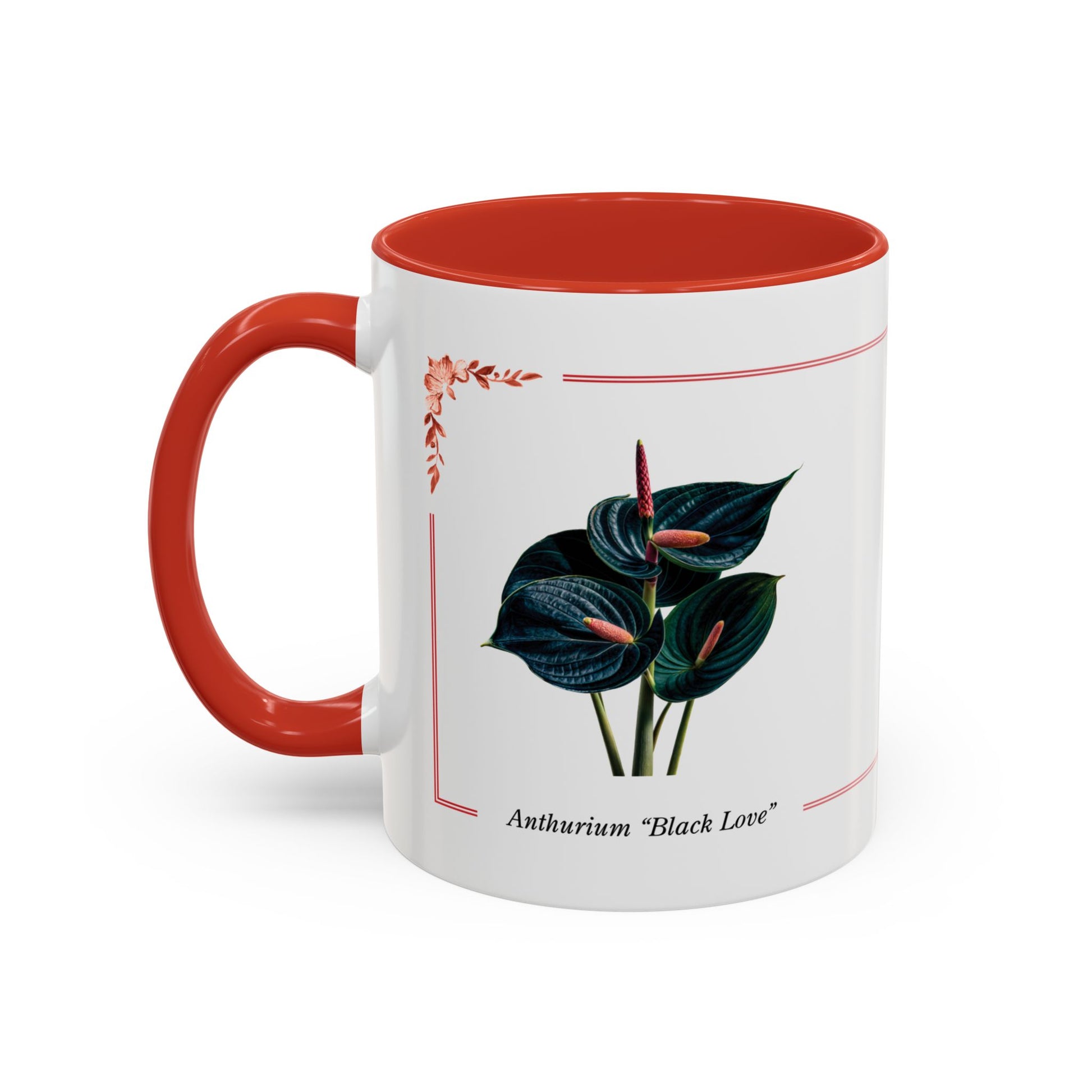 Mug with red interior and handle, featuring an illustration of Anthurium "Black Love" on a white background.