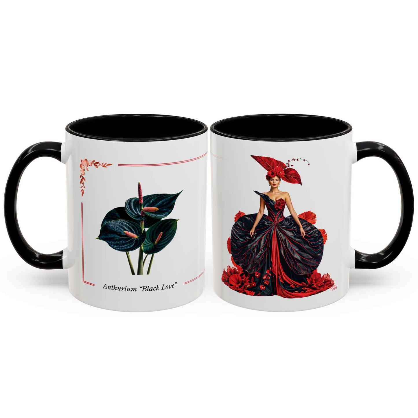 Two mugs with artistic designs of a plant and a woman in a red dress on a white background.