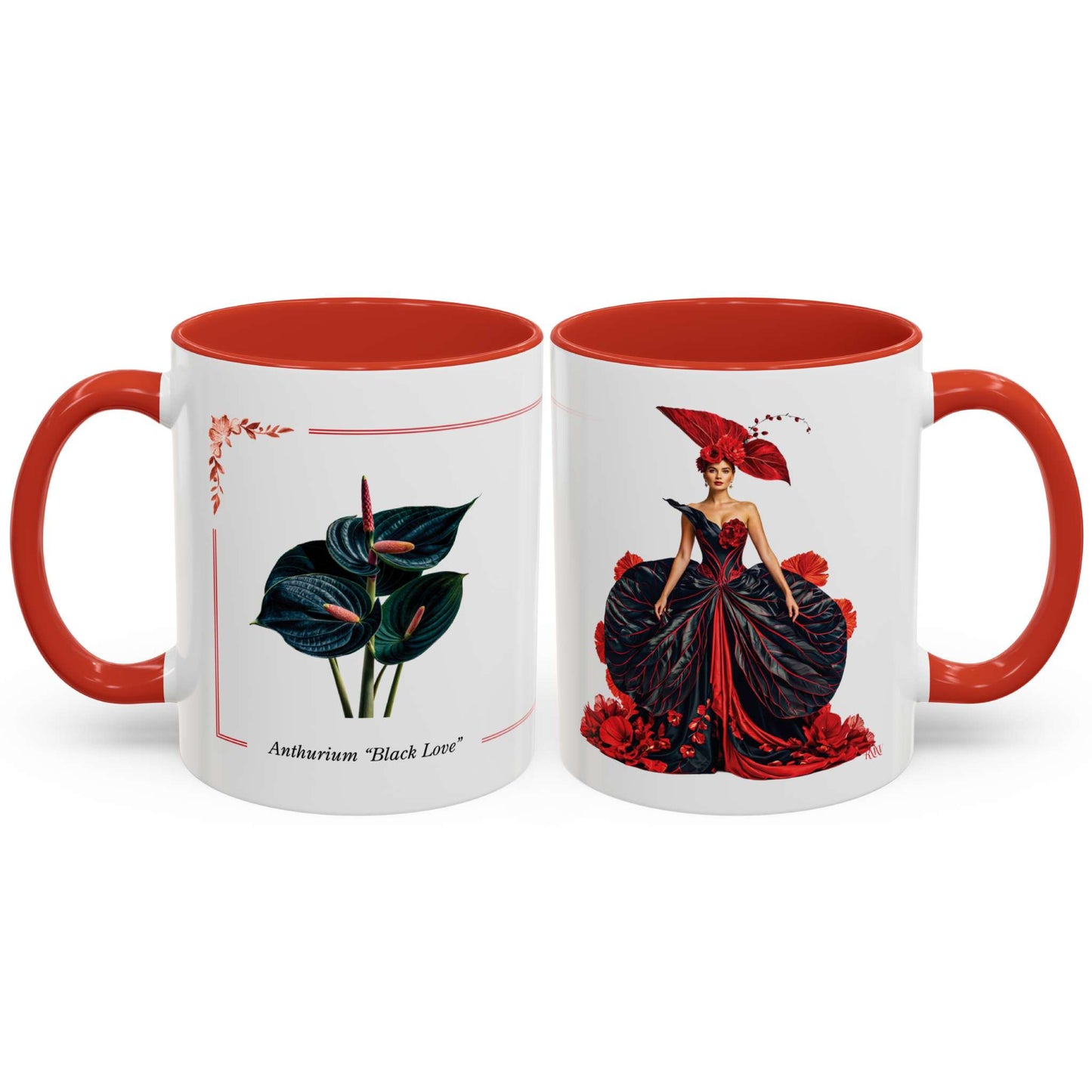 Two mugs with floral and woman in a dress design on a white background