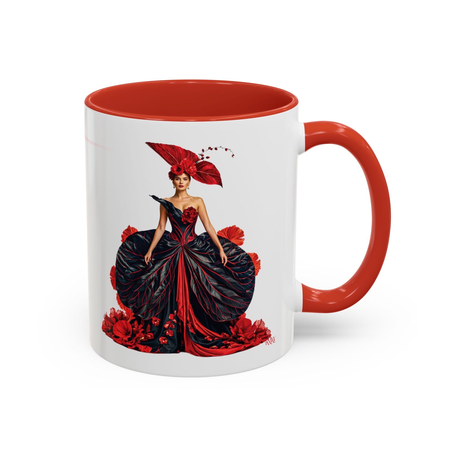 Mug with a design of a woman in a red and black gown on a white background